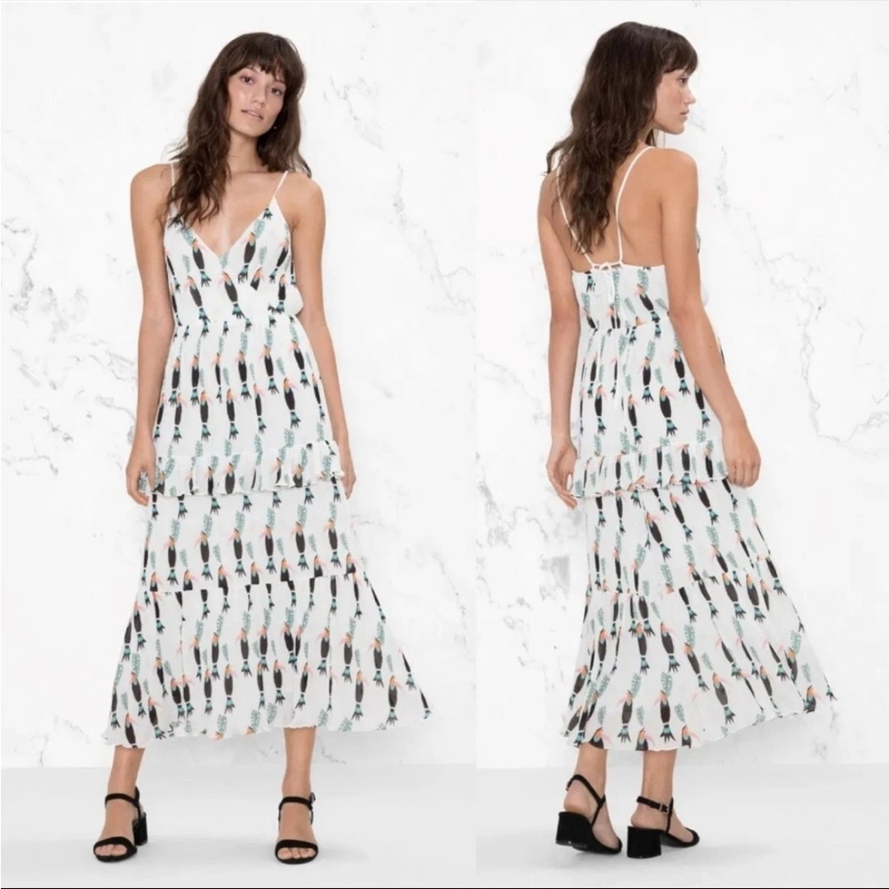 & Other Stories White Toucan Tropical Frill Tiered Maxi Dress Womens‎ - Picture 2 of 11